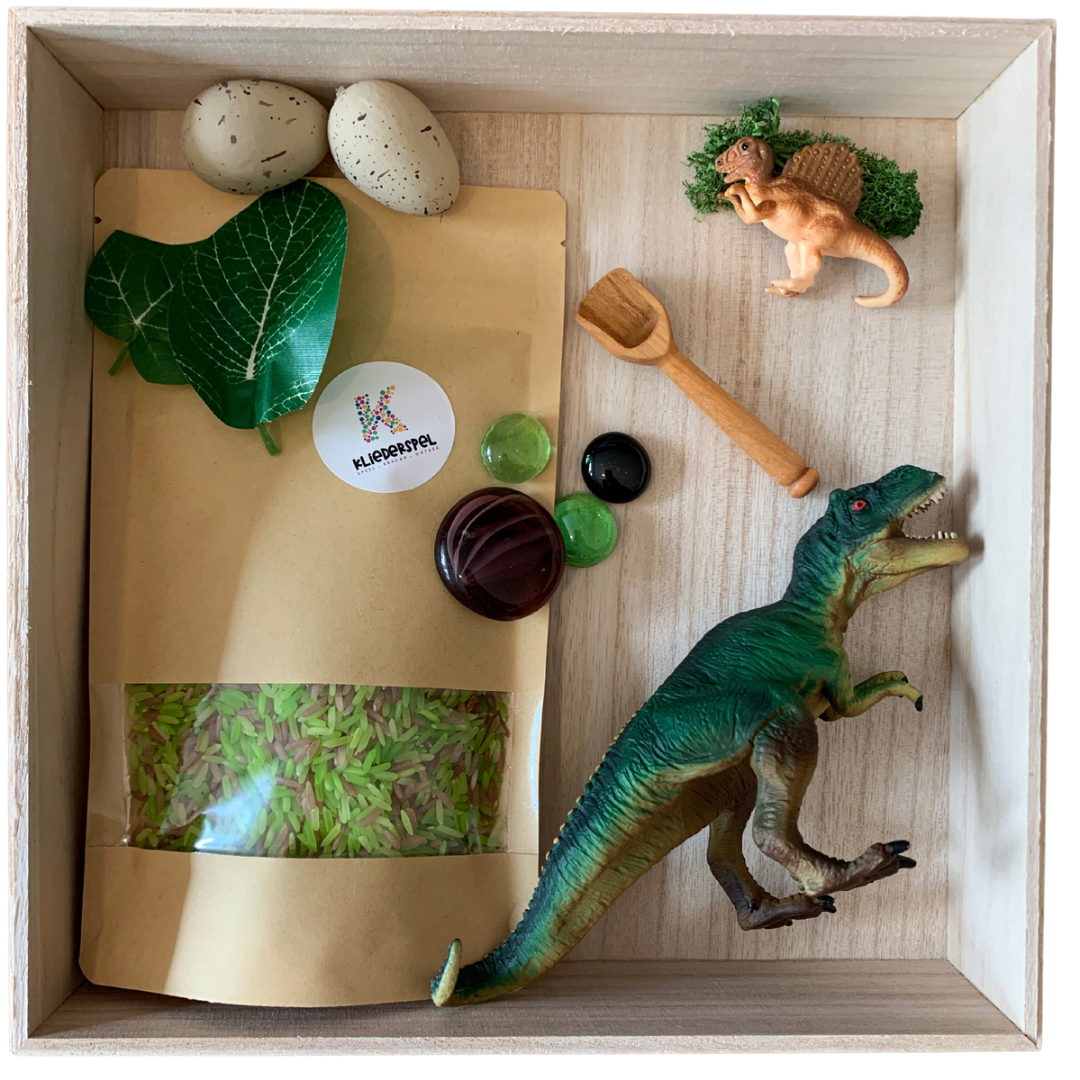 Sensorische Mini-Dinosaurier-Spielbox + Tablett und Deckel