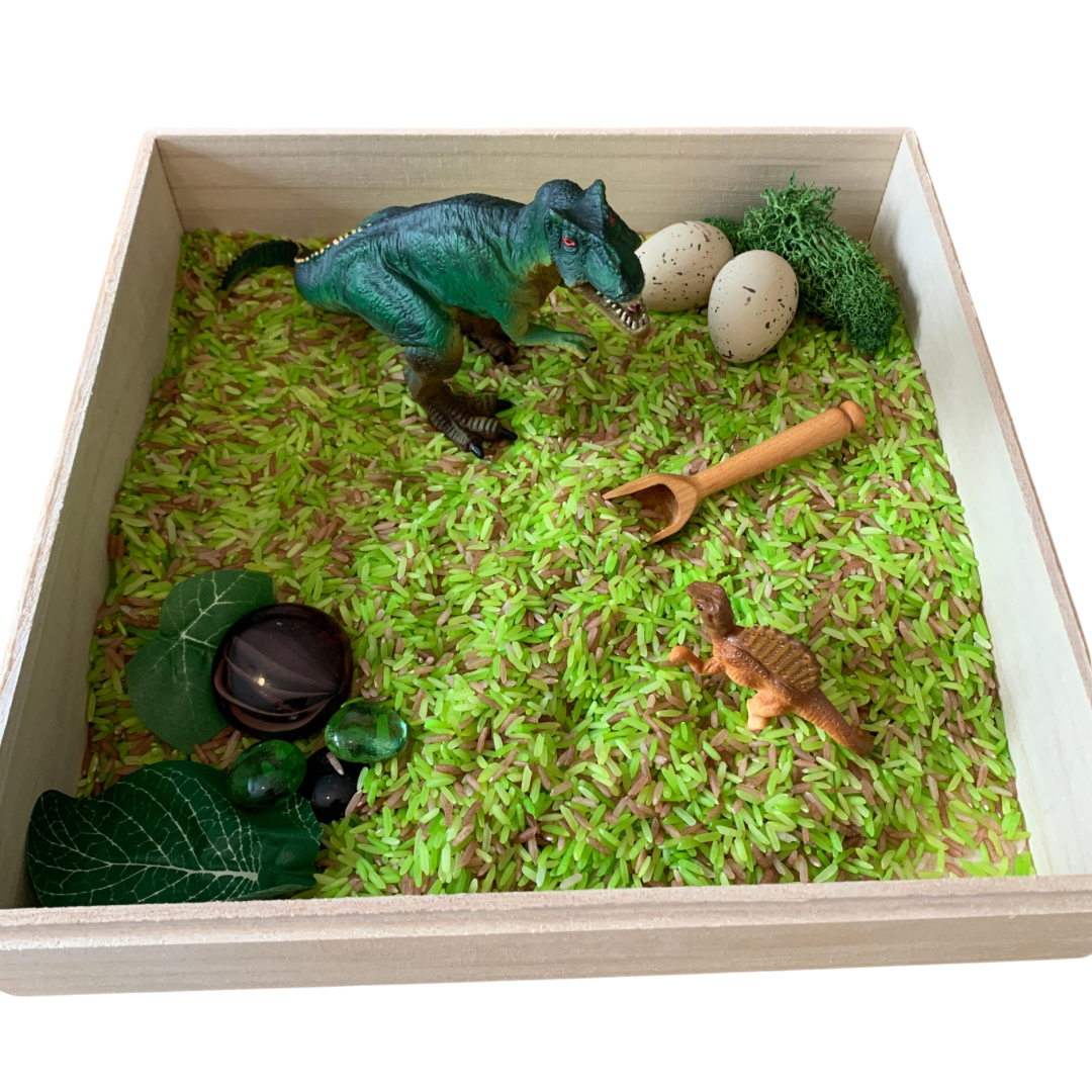 Sensorische Mini-Dinosaurier-Spielbox + Tablett und Deckel