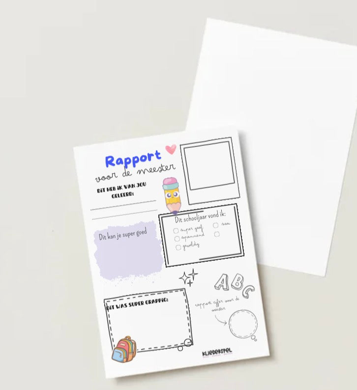 Einde schooljaar invulblad | Rapport voor de meester