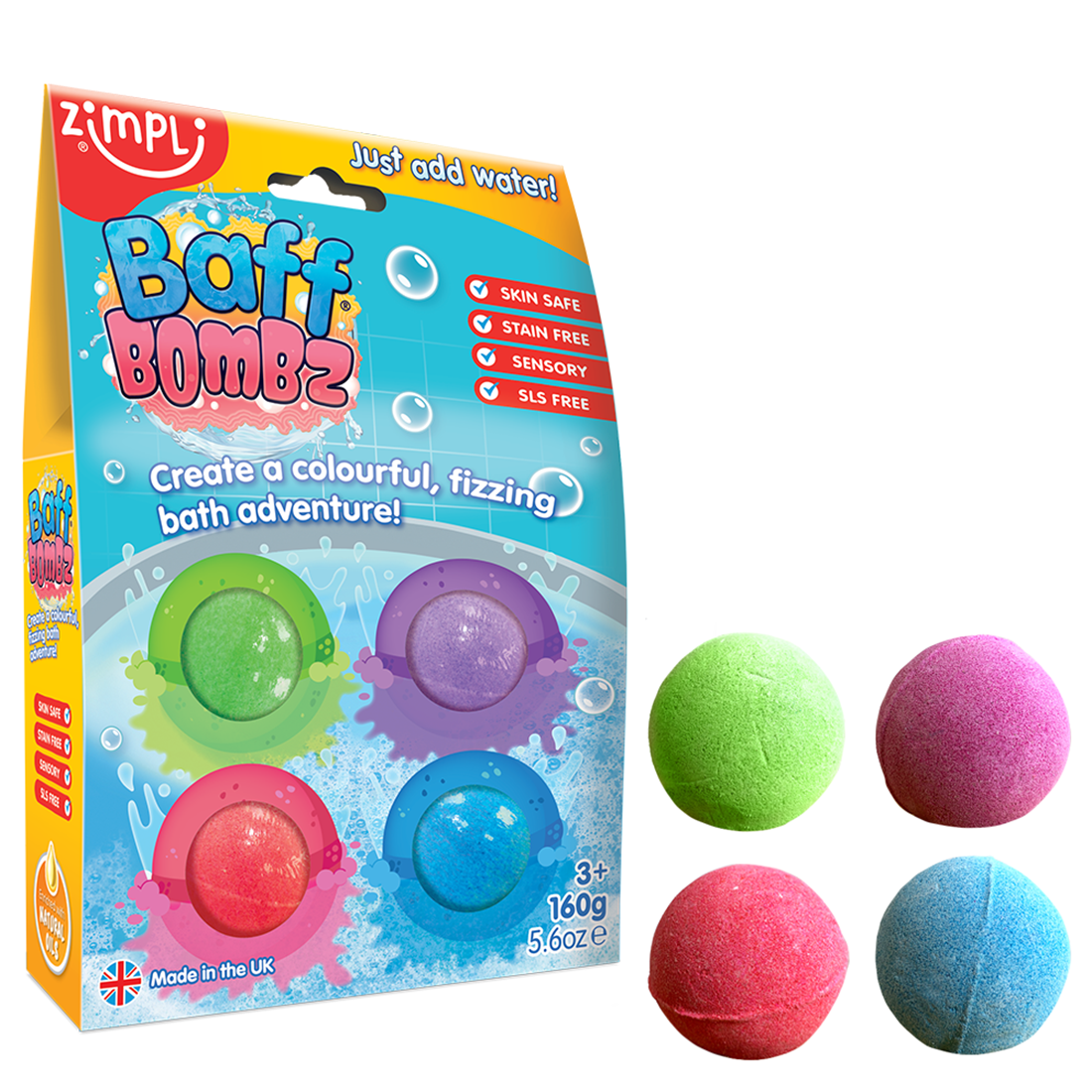 Zimpli 4er-Pack runde Baff Bombz, bunte Badebomben aus britischer Produktion